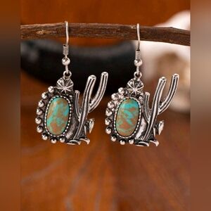 Western Silver and Faux Turquoise Cactus Earrings